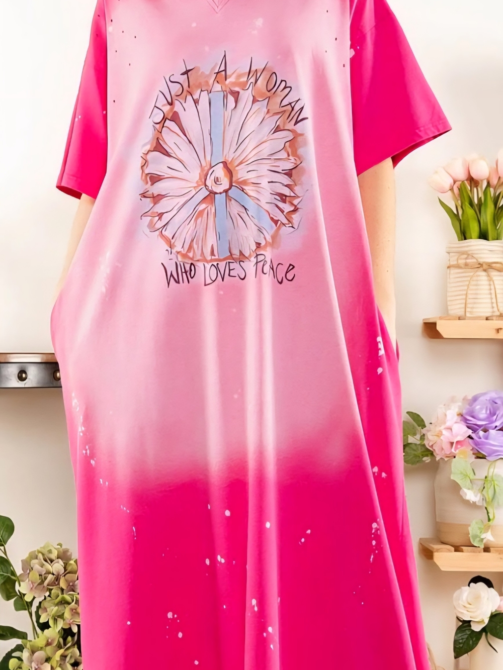 Bluevelvet Nwt Pink Graphic Maxi "Just A Woman Who Loves Peace Boho Oversized